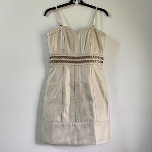 Laundry by Shelly‎ Segal Cocktail Heart Neck Midi Dress Size 8 Metallic Gold